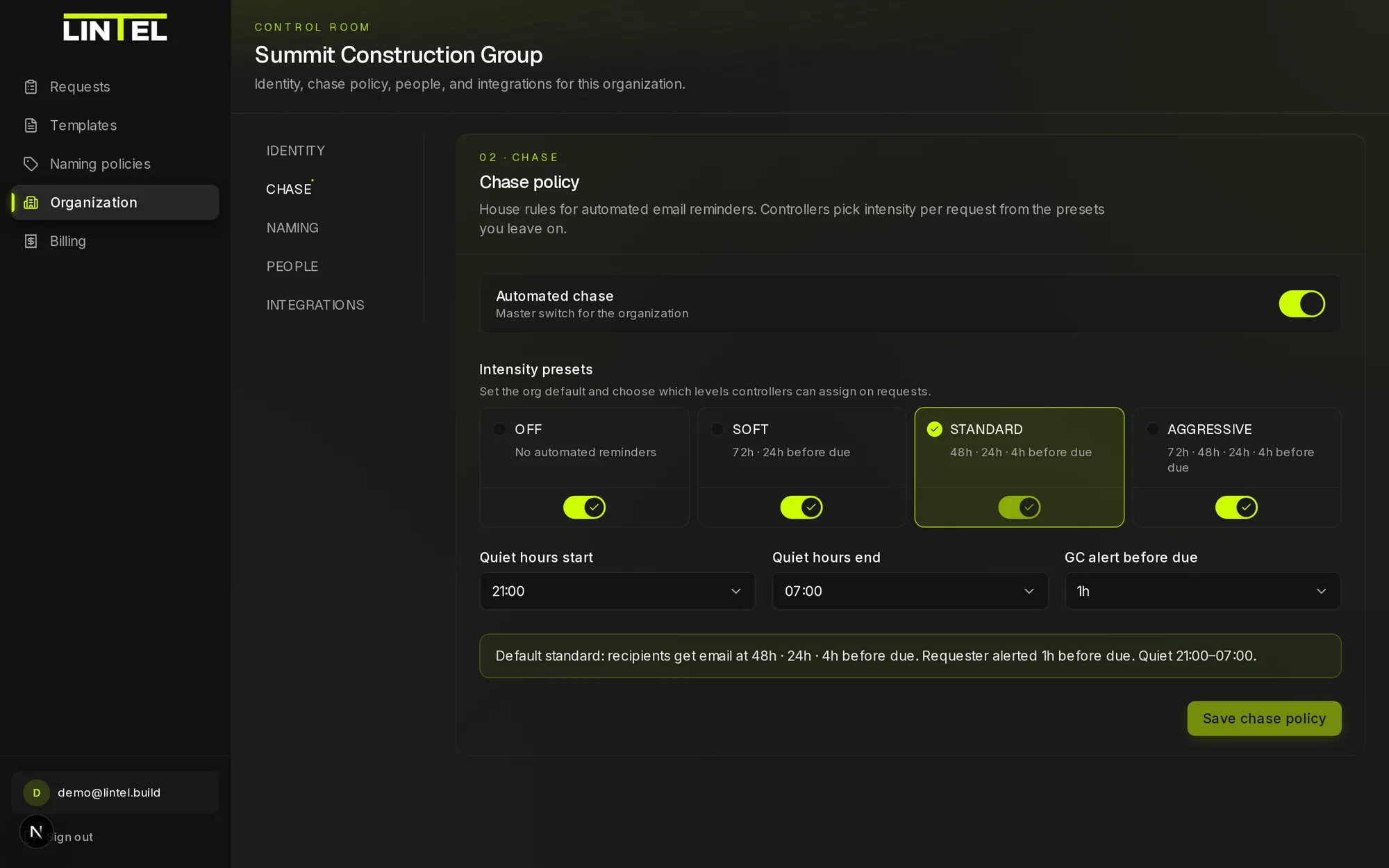 LINTEL chase settings showing reminder cadence presets, quiet hours, and the master switch for automated chasing.