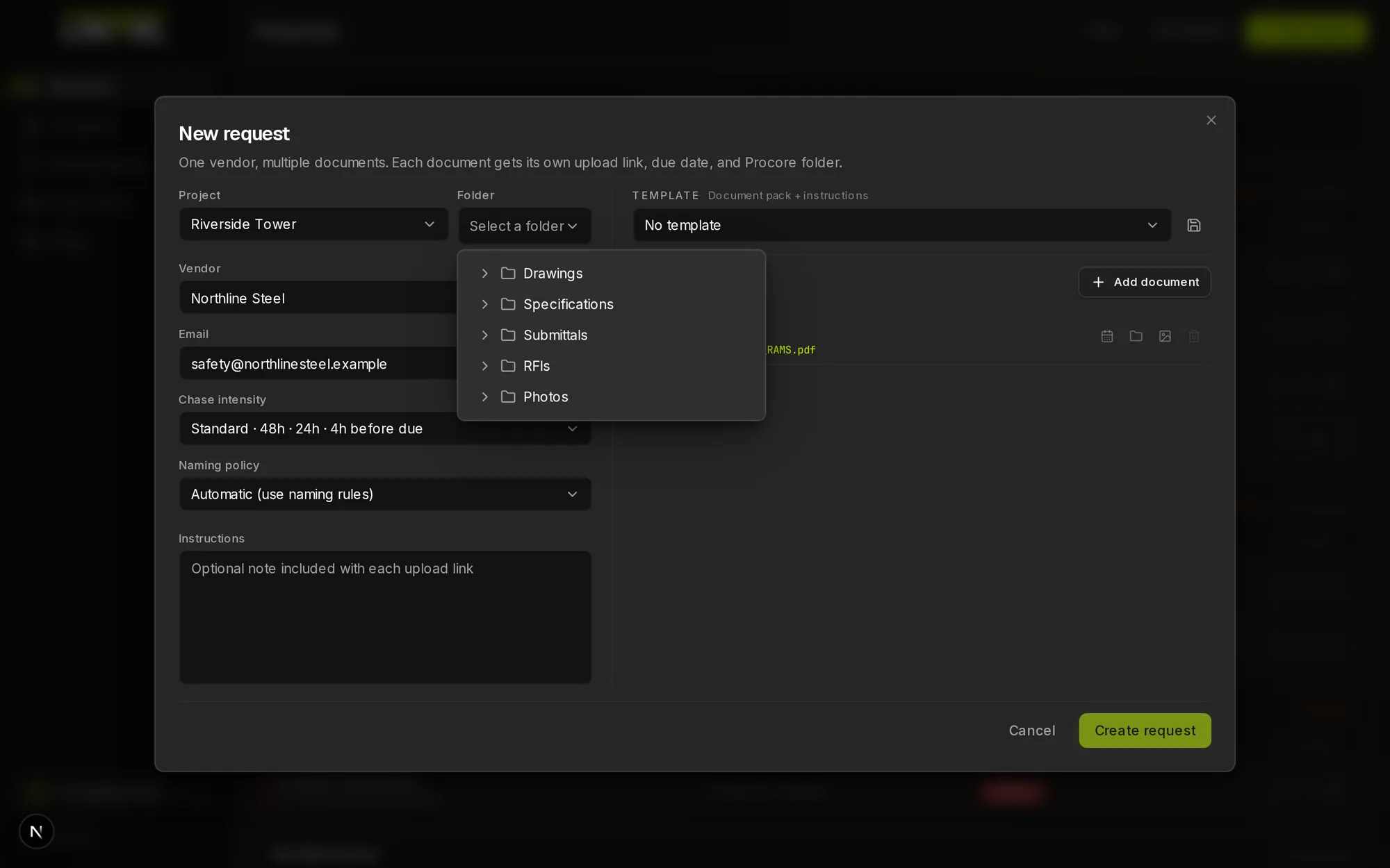 The LINTEL folder browser showing a Procore project folder tree, with a destination folder selected for the request.